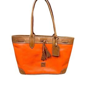Dooney & Bourke Tote Bag Purse Saffiano Tassel Orange with Tan Trim Vintage
